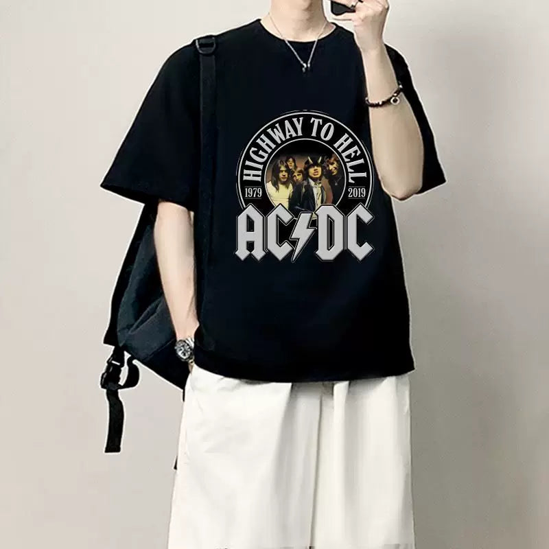 AC/DC Band Rock Print Crew Neck Short Sleeve T‑Shirt