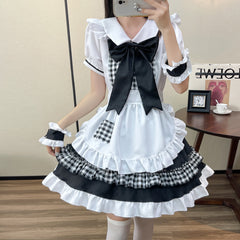 Cute Gingham Lolita Maid Cosplay Costume, Custom Plus Size Available