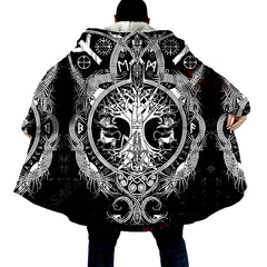 Viking Raven Print Hooded Cloak Fleece Warm Button‑Up House Coat