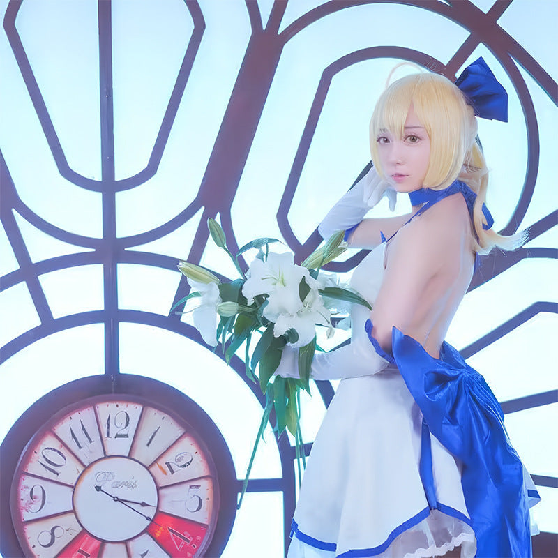 Fate Series Saber Lily White Dress Cosplay Costume, Artoria Pendragon Lily Strapless Sailor Dress Set For Anime Convention Role Play - Halloweez