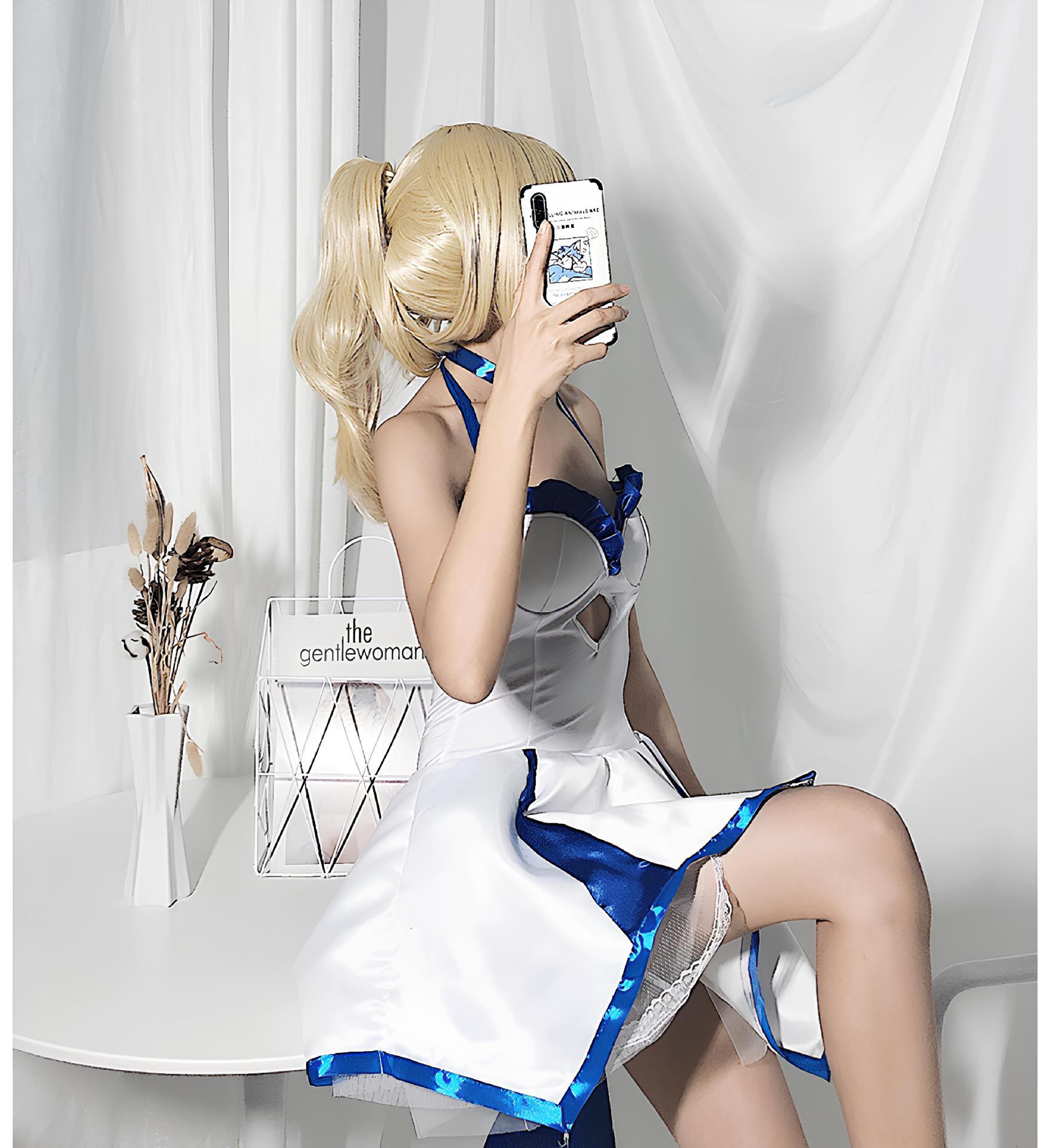 Fate Series Saber Lily White Dress Cosplay Costume, Artoria Pendragon Lily Strapless Sailor Dress Set For Anime Convention Role Play - Halloweez