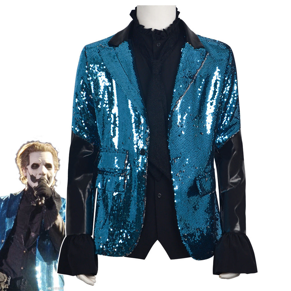 Ghosts Band Cosplay Costume, Halloween Sequin Suit, Rock Singer Stage Outfit, Gothic Ghost Band Party Performance Clothes for Men - Halloweez