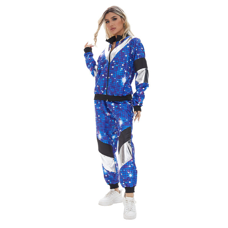 80s Retro Disco Tracksuit, Vintage Hip Hop Jacket & Pants Set, Unisex Adult Halloween Dance Costume for Party Performance - Halloweez