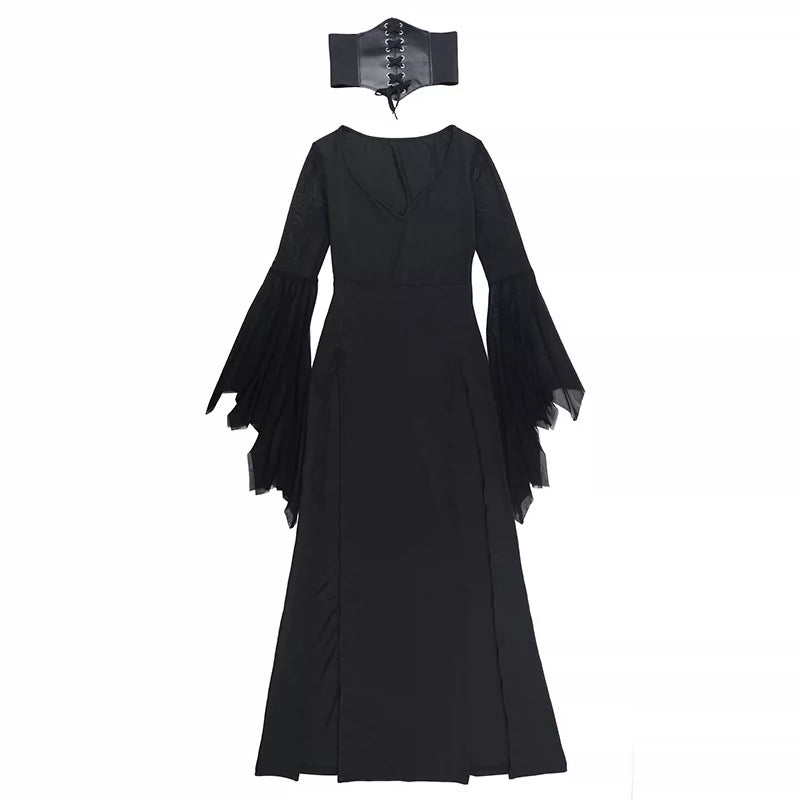 Addams Family Gothic Witch Cosplay Dress, Custom Split Waist Outfit for Halloween