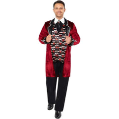Dracula Meets Gothic Elegance: Men’s Vampire Cosplay Costume with Red Velvet Coat & Fangs Print Vest - Halloweez