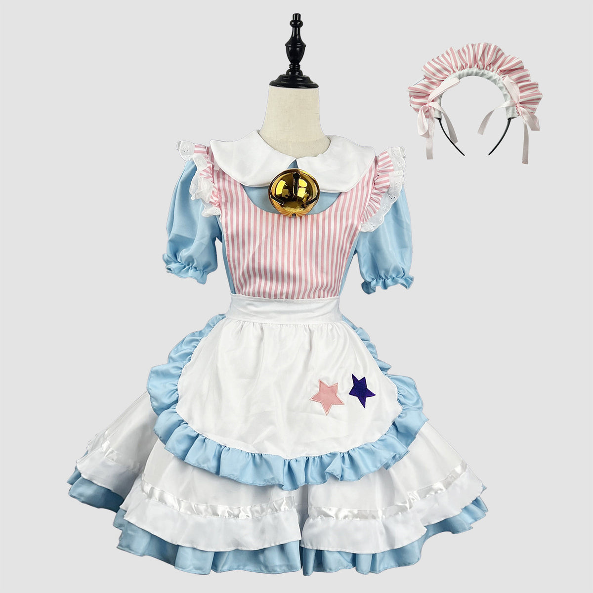 Cute Blue Pink Striped Star Maid Cosplay Costume, Custom Made for Halloween & Comic Con