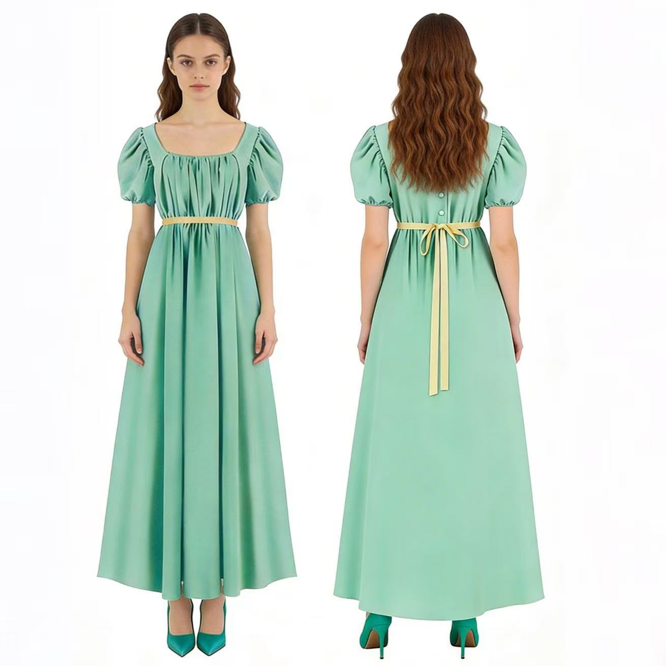 Bridgerton Inspired Women’s Regency Dress – Square Neck Empire Waist Maxi Gown with Puff Sleeves for Renaissance Fair, Tea Party & Historical Cosplay - Halloweez