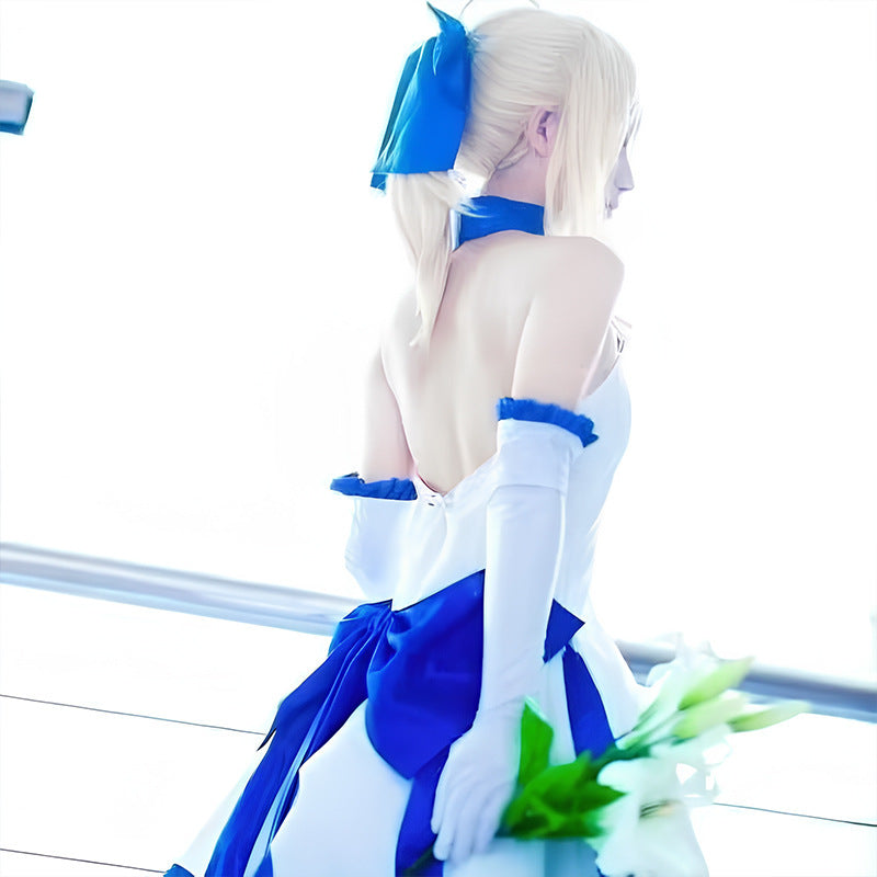 Fate Series Saber Lily White Dress Cosplay Costume, Artoria Pendragon Lily Strapless Sailor Dress Set For Anime Convention Role Play - Halloweez