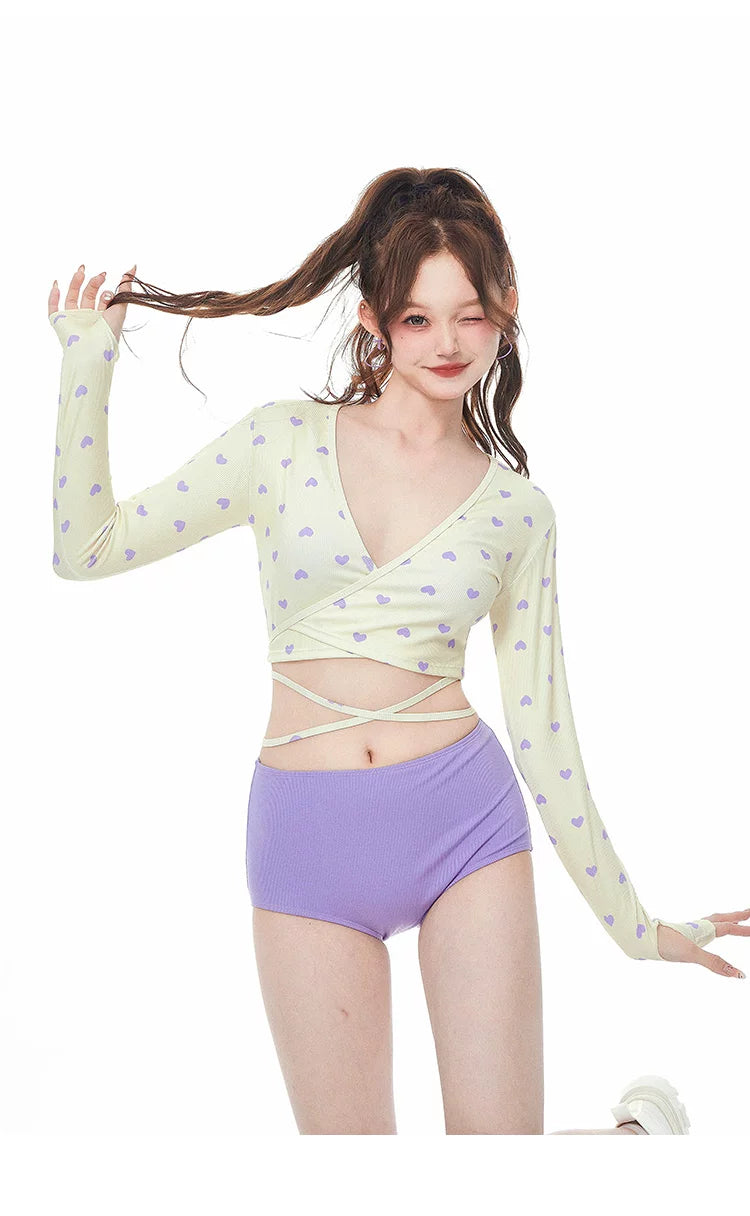 Stylish Purple 3 Piece Tankini Long Sleeve Tie Band Swimwear for Women - Halloweez
