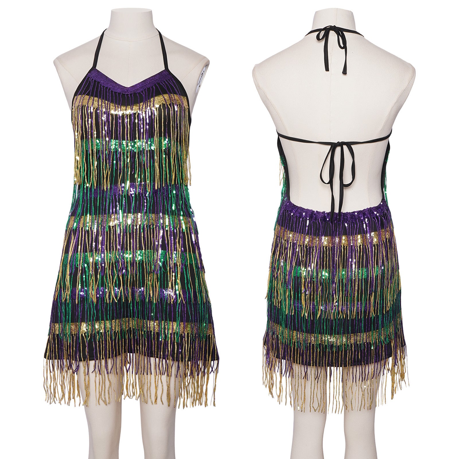New Latin Dance Performance Dress V-Neck Spaghetti Strap Sequin Tassel Dress Cosplay Costume - Halloweez