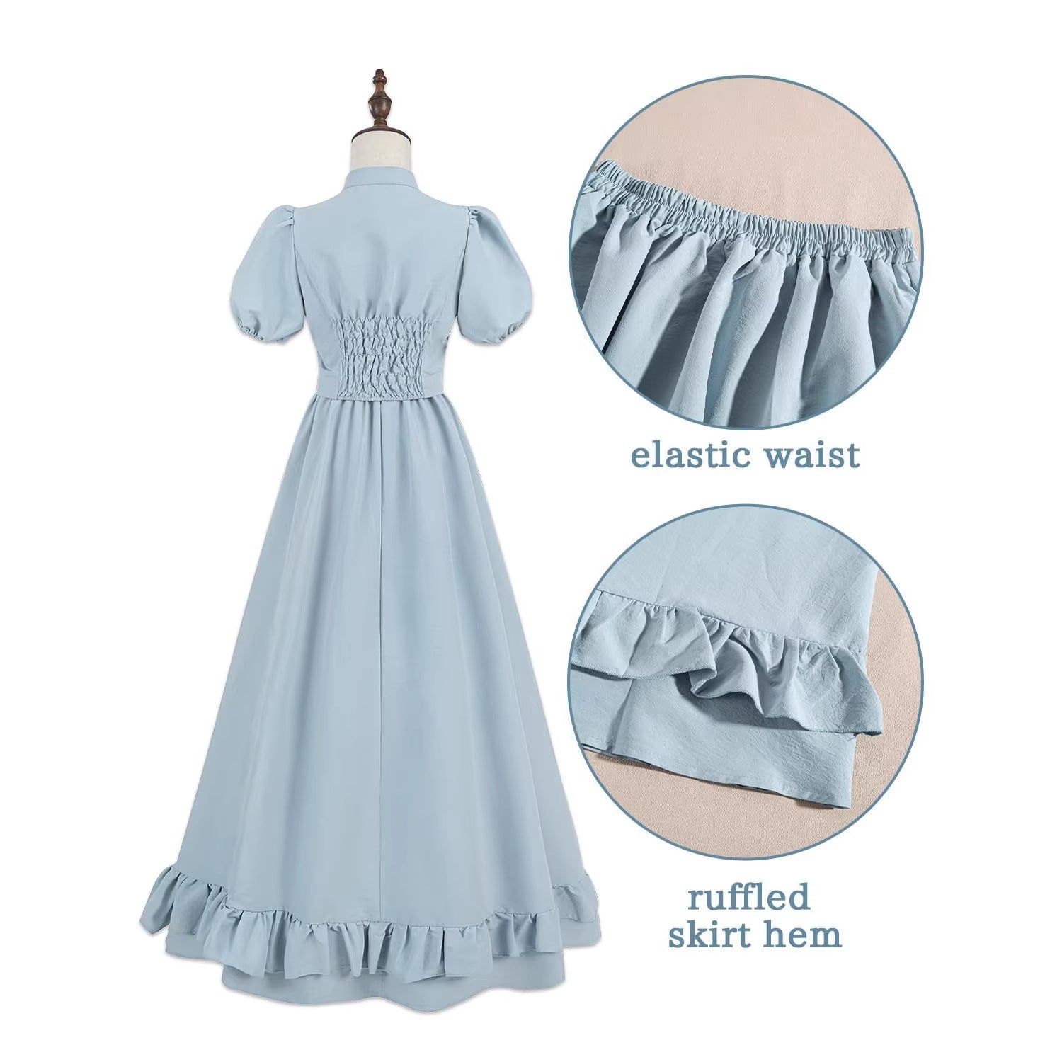 Women’s Light Blue Lace Vintage Midi Dress, Puff Sleeve Ruffle Hem Cottagecore Outfit - Halloweez