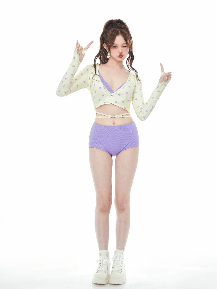 Stylish Purple 3 Piece Tankini Long Sleeve Tie Band Swimwear for Women - Halloweez