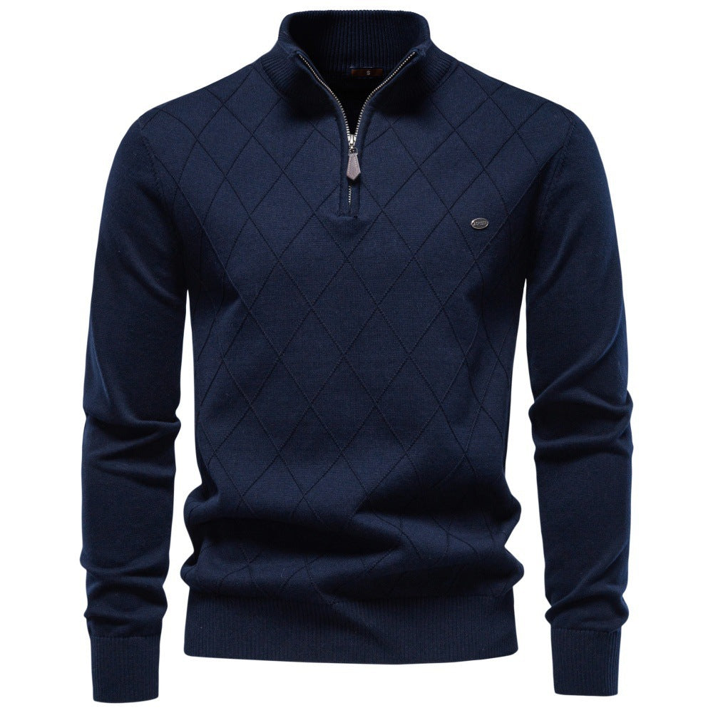 Men Half‑Zip Mock Neck Cotton Sweater, Solid Pullover for Autumn Winter