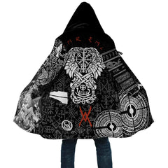 Viking Raven Print Hooded Cloak Fleece Warm Button‑Up House Coat