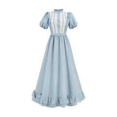 Women’s Light Blue Lace Vintage Midi Dress, Puff Sleeve Ruffle Hem Cottagecore Outfit - Halloweez
