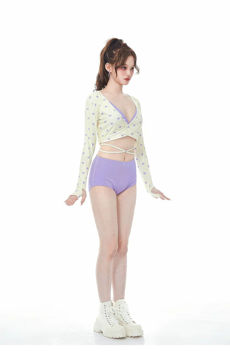 Stylish Purple 3 Piece Tankini Long Sleeve Tie Band Swimwear for Women - Halloweez