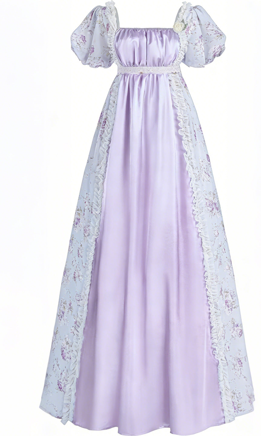 Bridgerton Inspired Women’s Regency Era Floral Maxi Dress – Puff Sleeve Empire Waist Gown for Cosplay & Themed Events - Halloweez