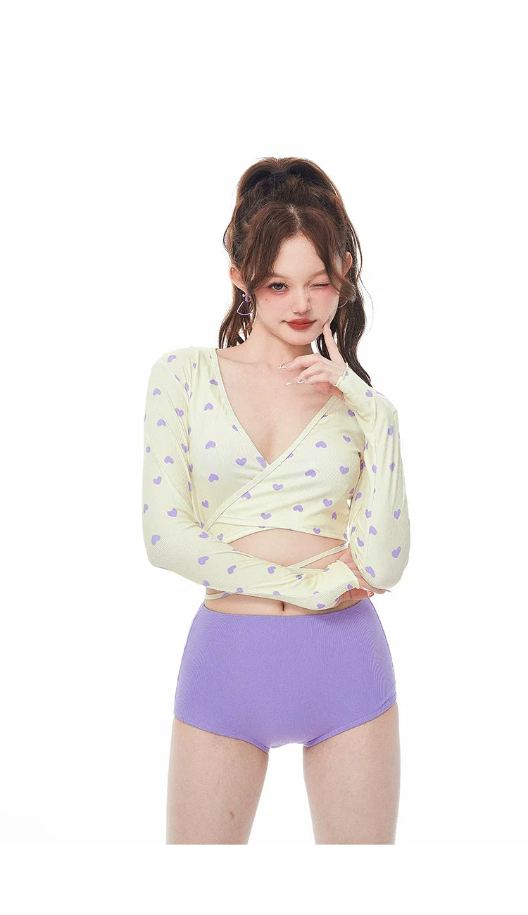 Stylish Purple 3 Piece Tankini Long Sleeve Tie Band Swimwear for Women - Halloweez
