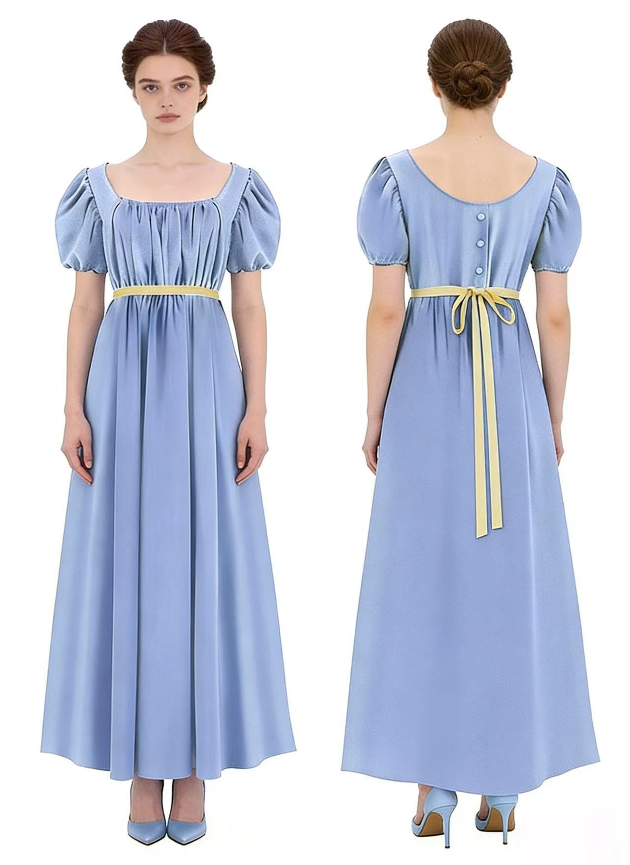 Bridgerton Inspired Women’s Regency Dress – Square Neck Empire Waist Maxi Gown with Puff Sleeves for Renaissance Fair, Tea Party & Historical Cosplay - Halloweez