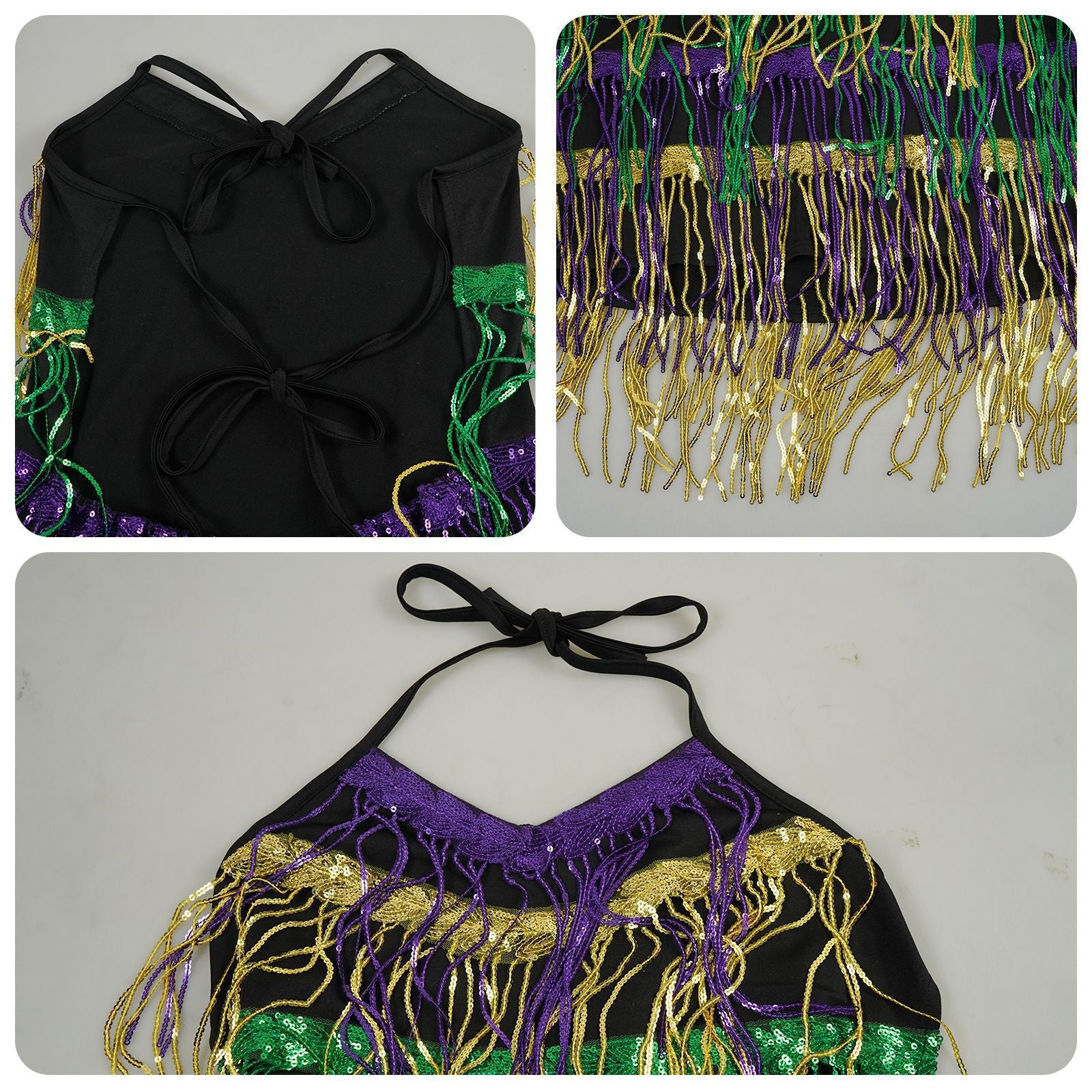 New Latin Dance Performance Dress V-Neck Spaghetti Strap Sequin Tassel Dress Cosplay Costume - Halloweez