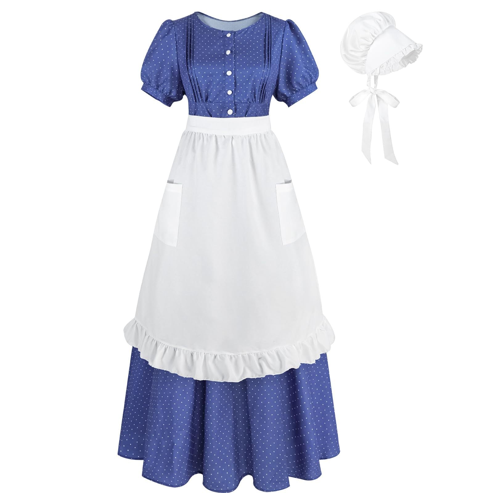 Women’s Blue Polka Dot Pioneer Dress with Apron – Vintage Maid Costume for Farm Roleplay, Cosplay, and Themed Events - Halloweez