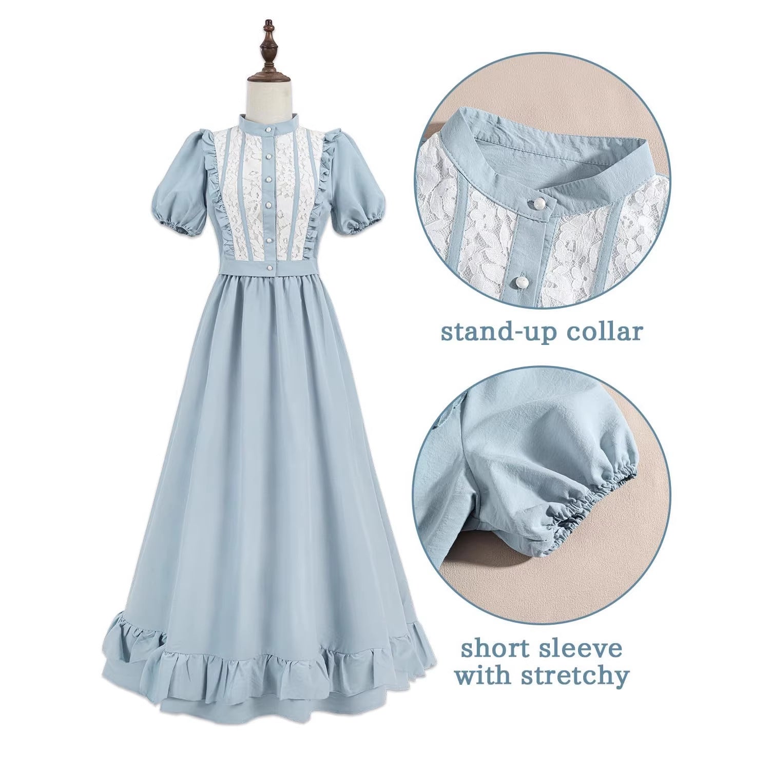Women’s Light Blue Lace Vintage Midi Dress, Puff Sleeve Ruffle Hem Cottagecore Outfit - Halloweez