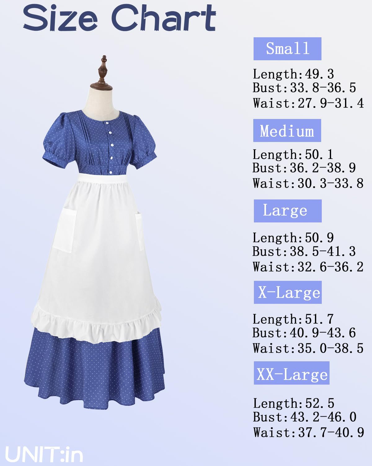 Women’s Blue Polka Dot Pioneer Dress with Apron – Vintage Maid Costume for Farm Roleplay, Cosplay, and Themed Events - Halloweez
