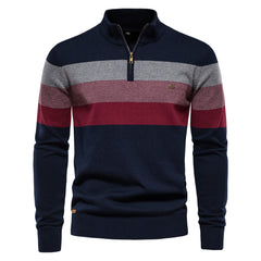 Men Half‑Zip Striped Knit Sweater, Stand Collar Pullover for Autumn Winter