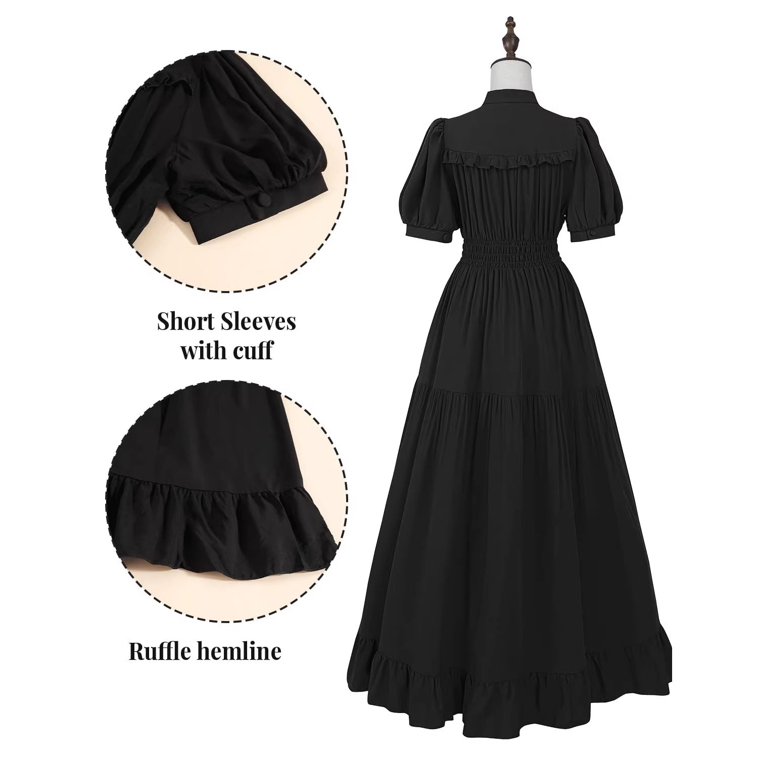 Women’s Black Ruffled Midi Dress – Vintage High Neck Smocked Waist Tiered Gothic & Maid Cosplay Costume - Halloweez
