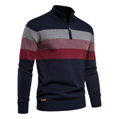 Men Half‑Zip Striped Knit Sweater, Stand Collar Pullover for Autumn Winter