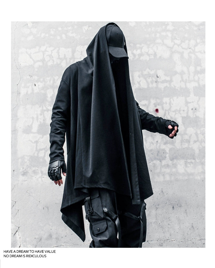Yamamoto-Style Dark Gothic Witch Cape Coat for Men, Mid-Length Goth Cloak - Halloweez