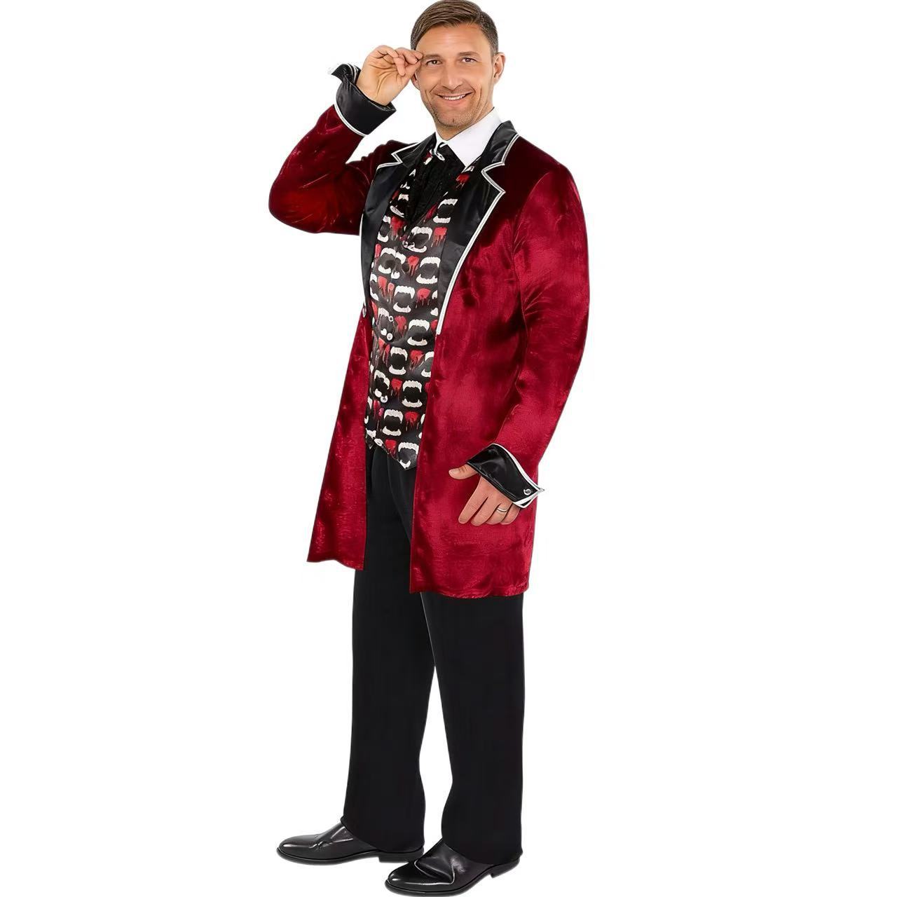 Dracula Meets Gothic Elegance: Men’s Vampire Cosplay Costume with Red Velvet Coat & Fangs Print Vest - Halloweez