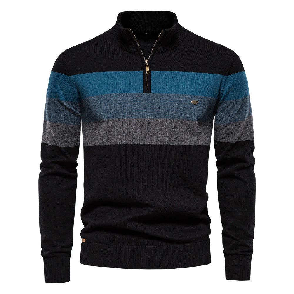 Men Half‑Zip Striped Knit Sweater, Stand Collar Pullover for Autumn Winter