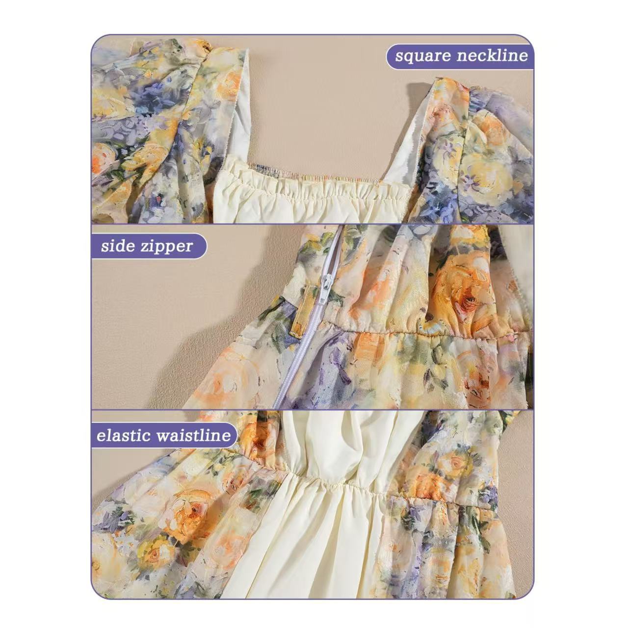 Women’s Bridgerton Style Regency Dress | Floral Maxi Gown with Puff Sleeves & Oil Painting Print - Halloweez