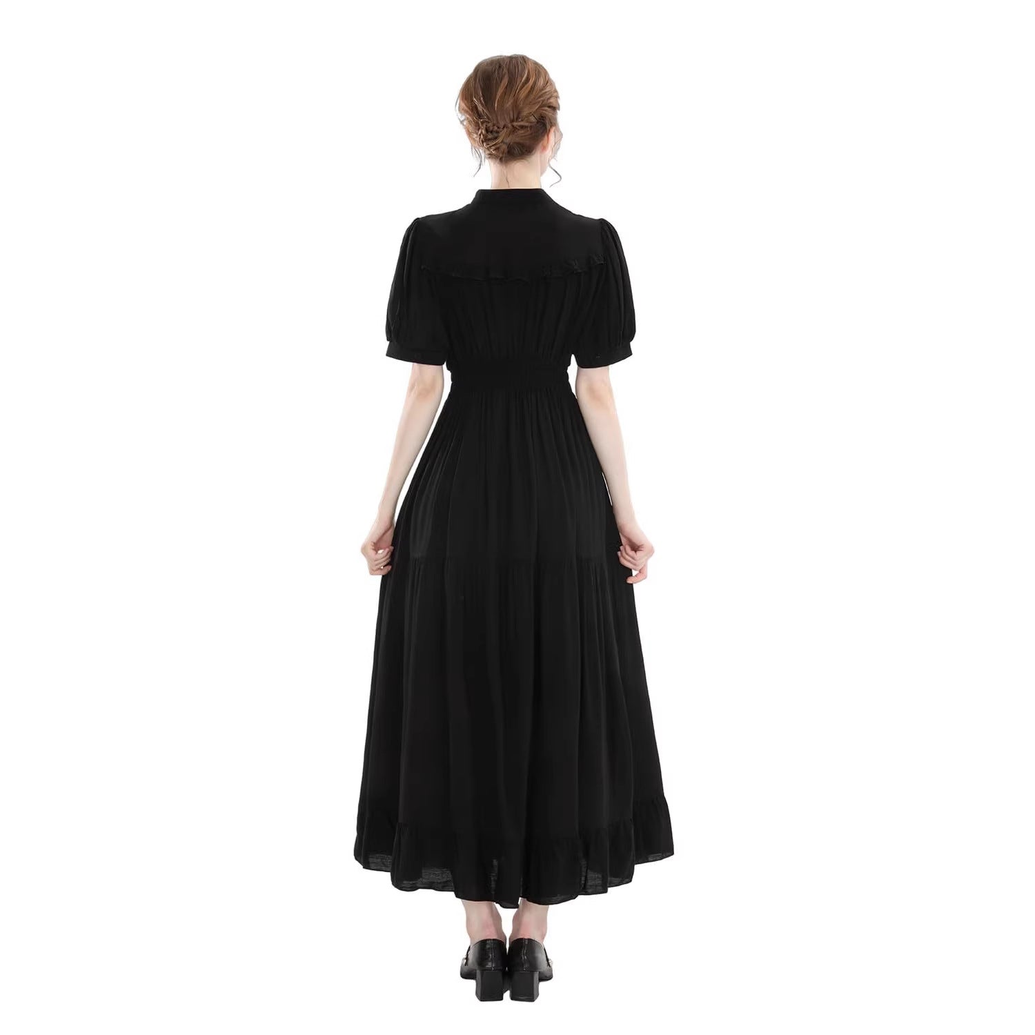 Women’s Black Ruffled Midi Dress – Vintage High Neck Smocked Waist Tiered Gothic & Maid Cosplay Costume - Halloweez