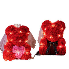 Romantic Halloweez PE Rose Bear Gift Set with Eternal Foam Rose, Lights, and Elegant Wedding Dress