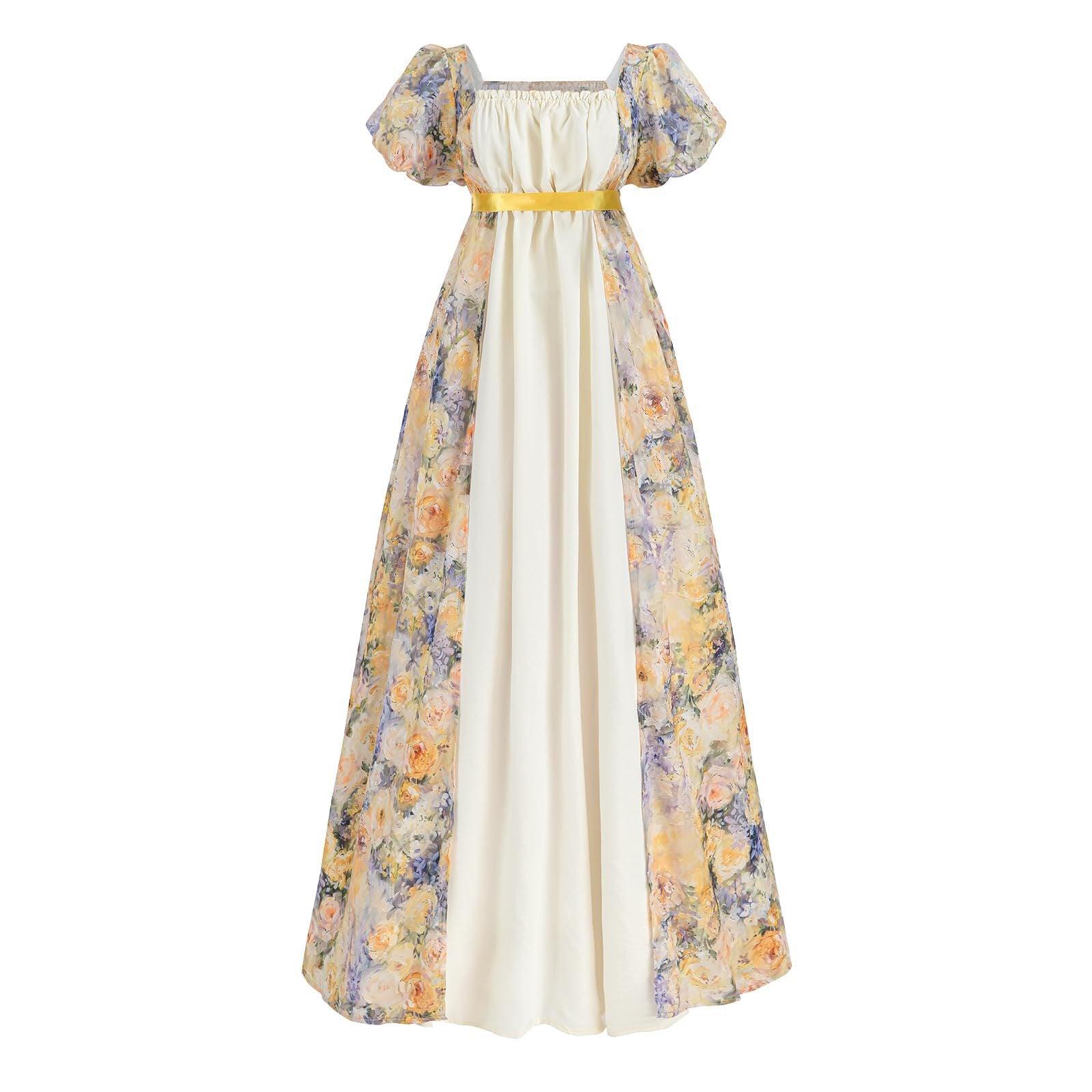Women’s Bridgerton Style Regency Dress | Floral Maxi Gown with Puff Sleeves & Oil Painting Print - Halloweez