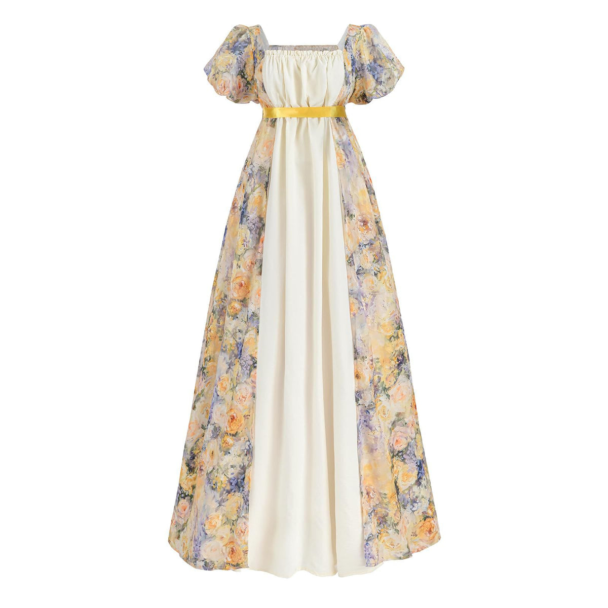 Women’s Bridgerton Style Regency Dress | Floral Maxi Gown with Puff Sleeves & Oil Painting Print - Halloweez