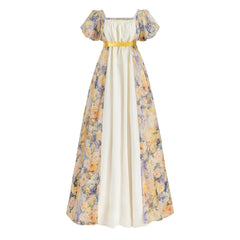Women’s Bridgerton Style Regency Dress | Floral Maxi Gown with Puff Sleeves & Oil Painting Print - Halloweez