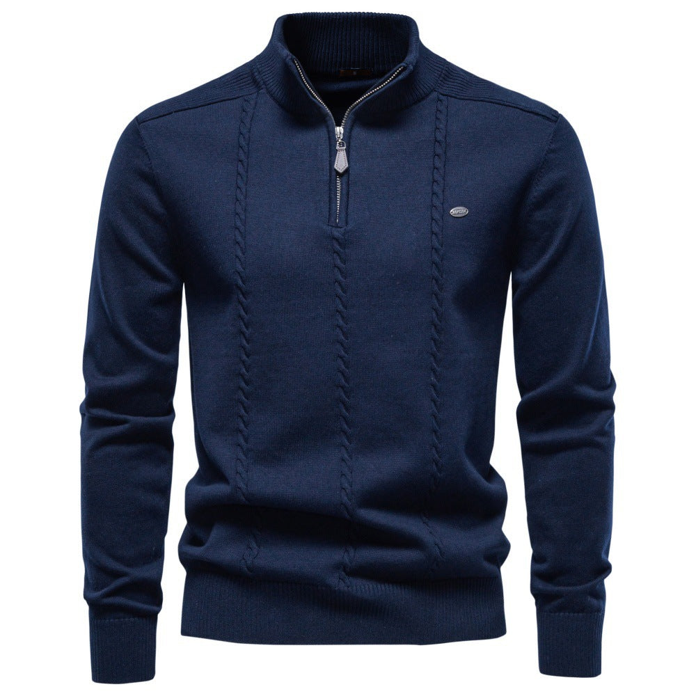 Men Half‑Zip Mock Neck Cotton Sweater, Solid Pullover for Autumn Winter