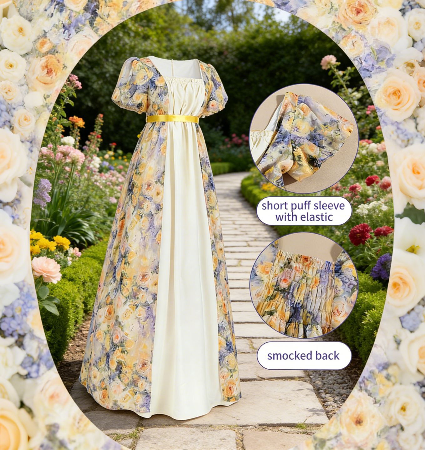 Women’s Bridgerton Style Regency Dress | Floral Maxi Gown with Puff Sleeves & Oil Painting Print - Halloweez