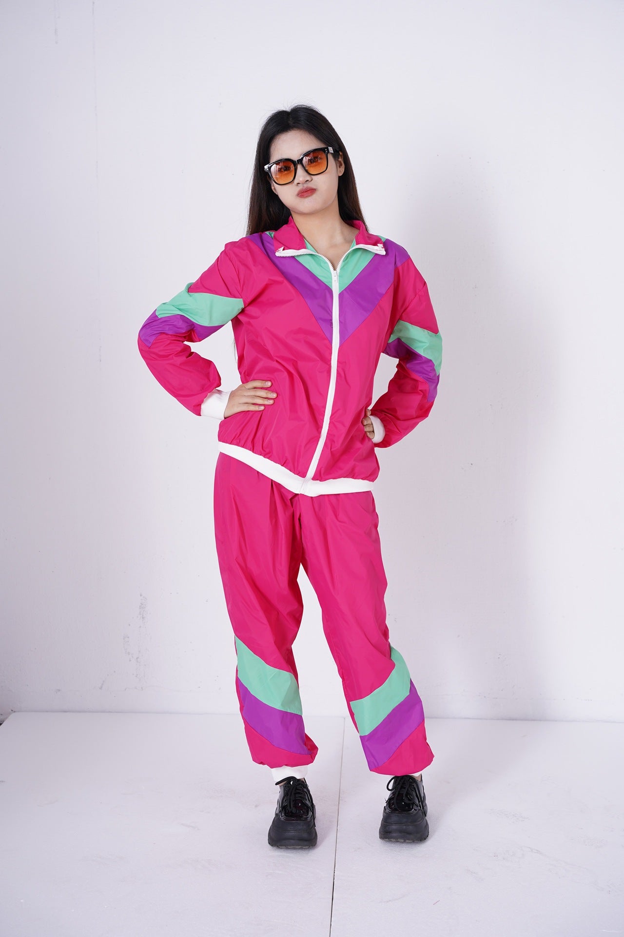 Unisex 80s 90s Retro Tracksuit – Color Block Windbreaker Jacket & Pants Set for Hip Hop, Disco Parties & Streetwear Looks - Halloweez