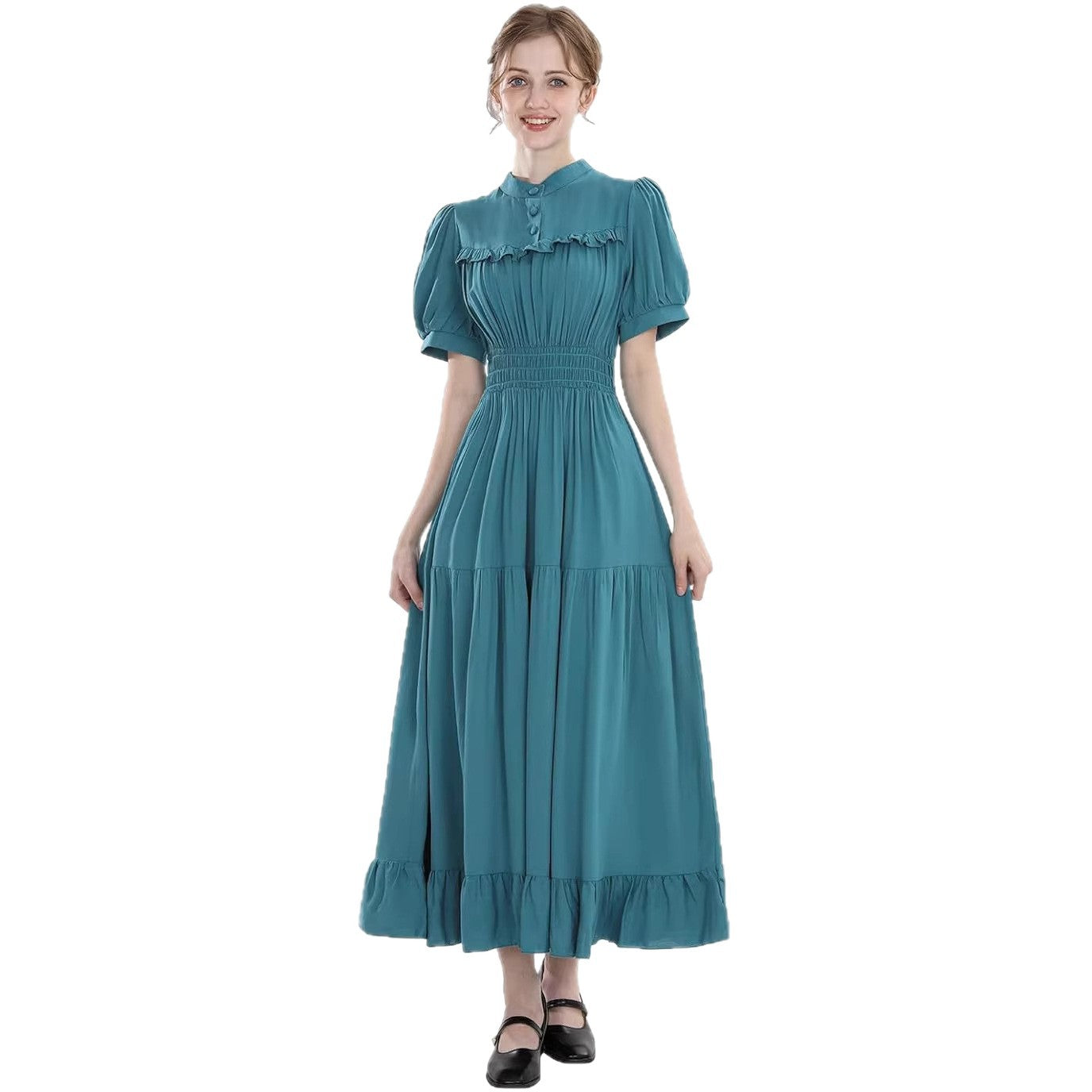 Women’s Black Ruffled Midi Dress – Vintage High Neck Smocked Waist Tiered Gothic & Maid Cosplay Costume - Halloweez