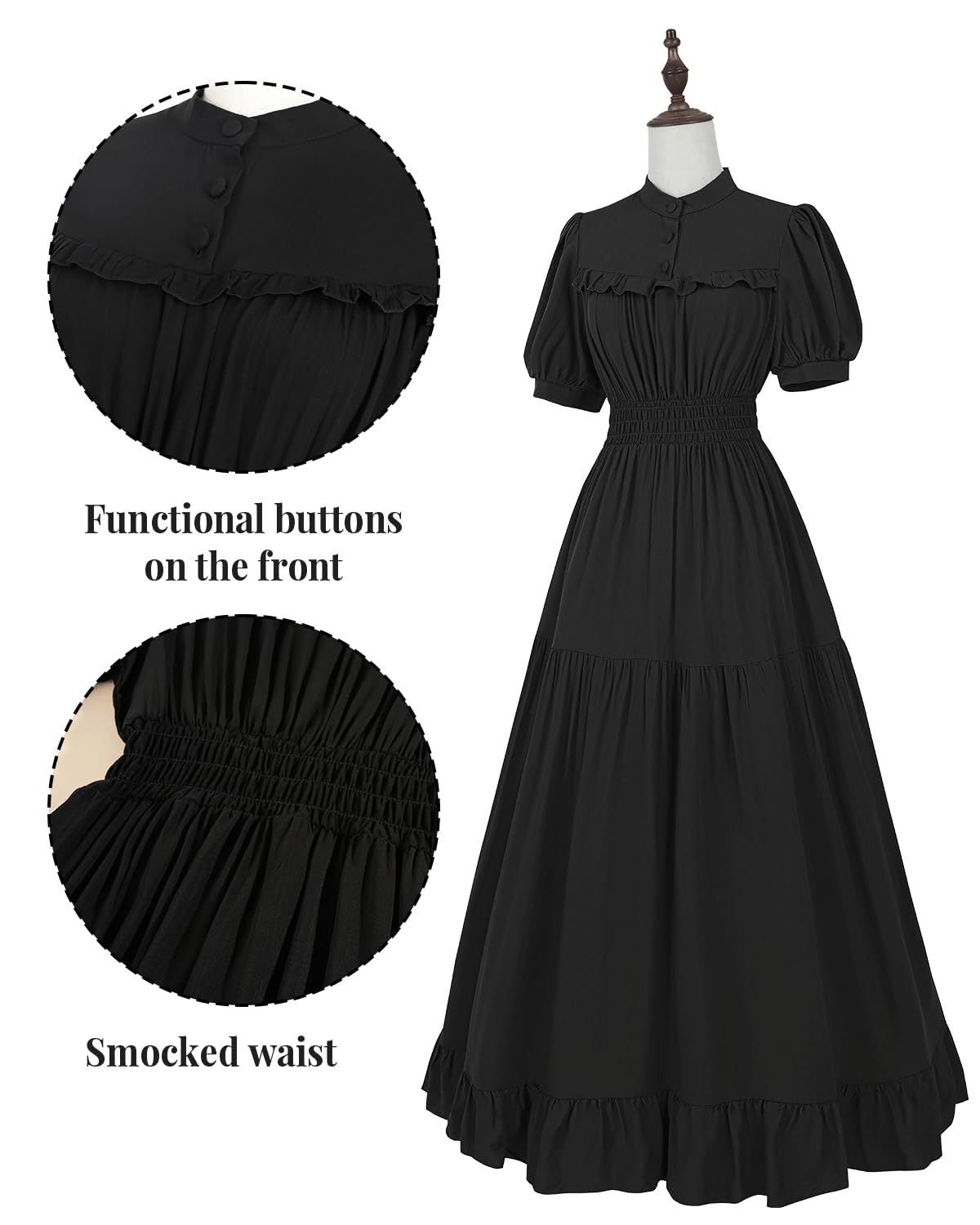 Women’s Black Ruffled Midi Dress – Vintage High Neck Smocked Waist Tiered Gothic & Maid Cosplay Costume - Halloweez