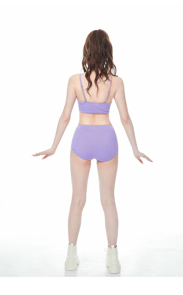 Stylish Purple 3 Piece Tankini Long Sleeve Tie Band Swimwear for Women - Halloweez