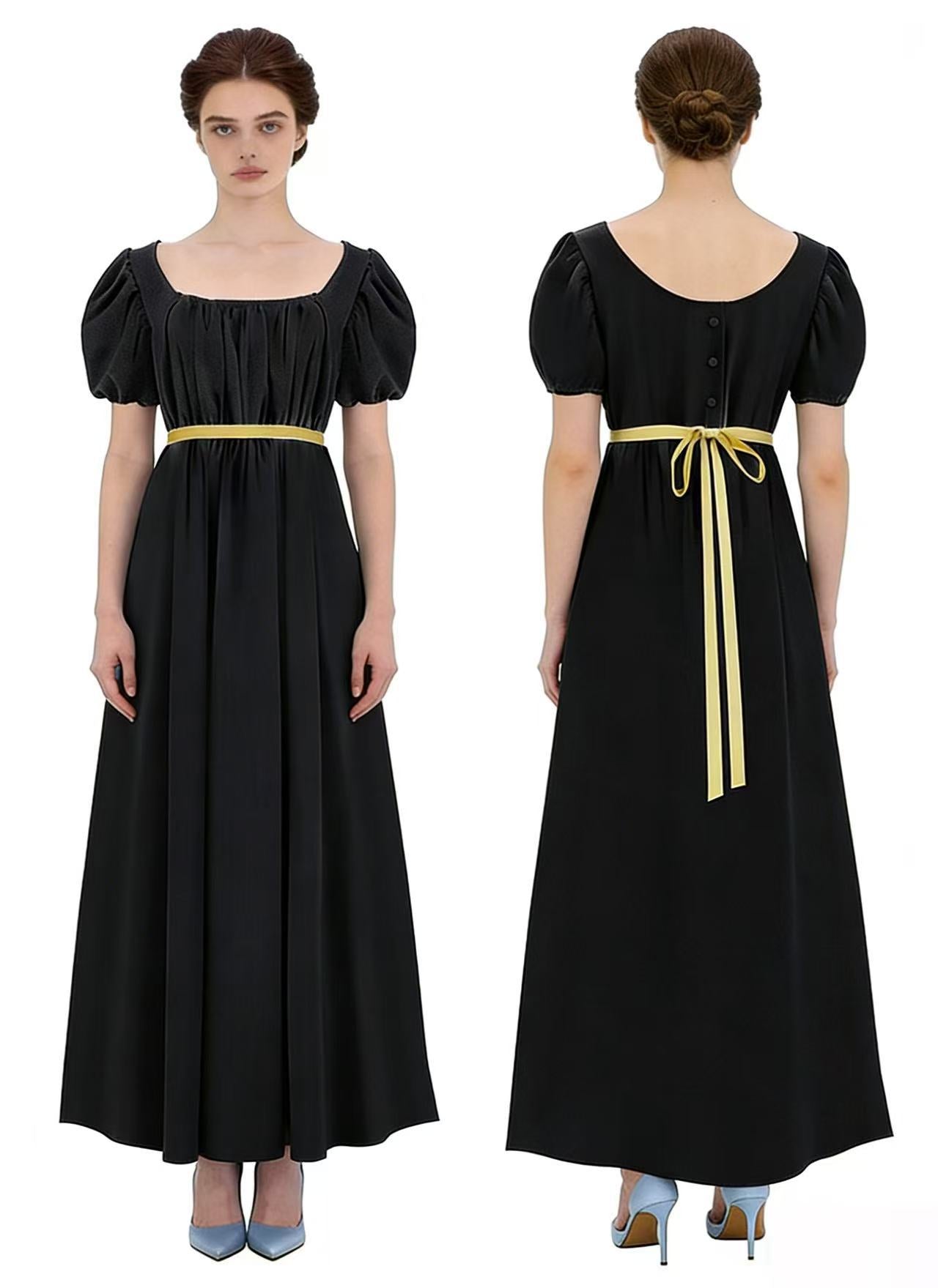 Bridgerton Inspired Women’s Regency Dress – Square Neck Empire Waist Maxi Gown with Puff Sleeves for Renaissance Fair, Tea Party & Historical Cosplay - Halloweez