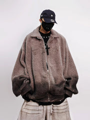 Men Oversized Hip‑Hop Mohair Knit Jacket Retro Embroidered Zip‑Up Collared Coat