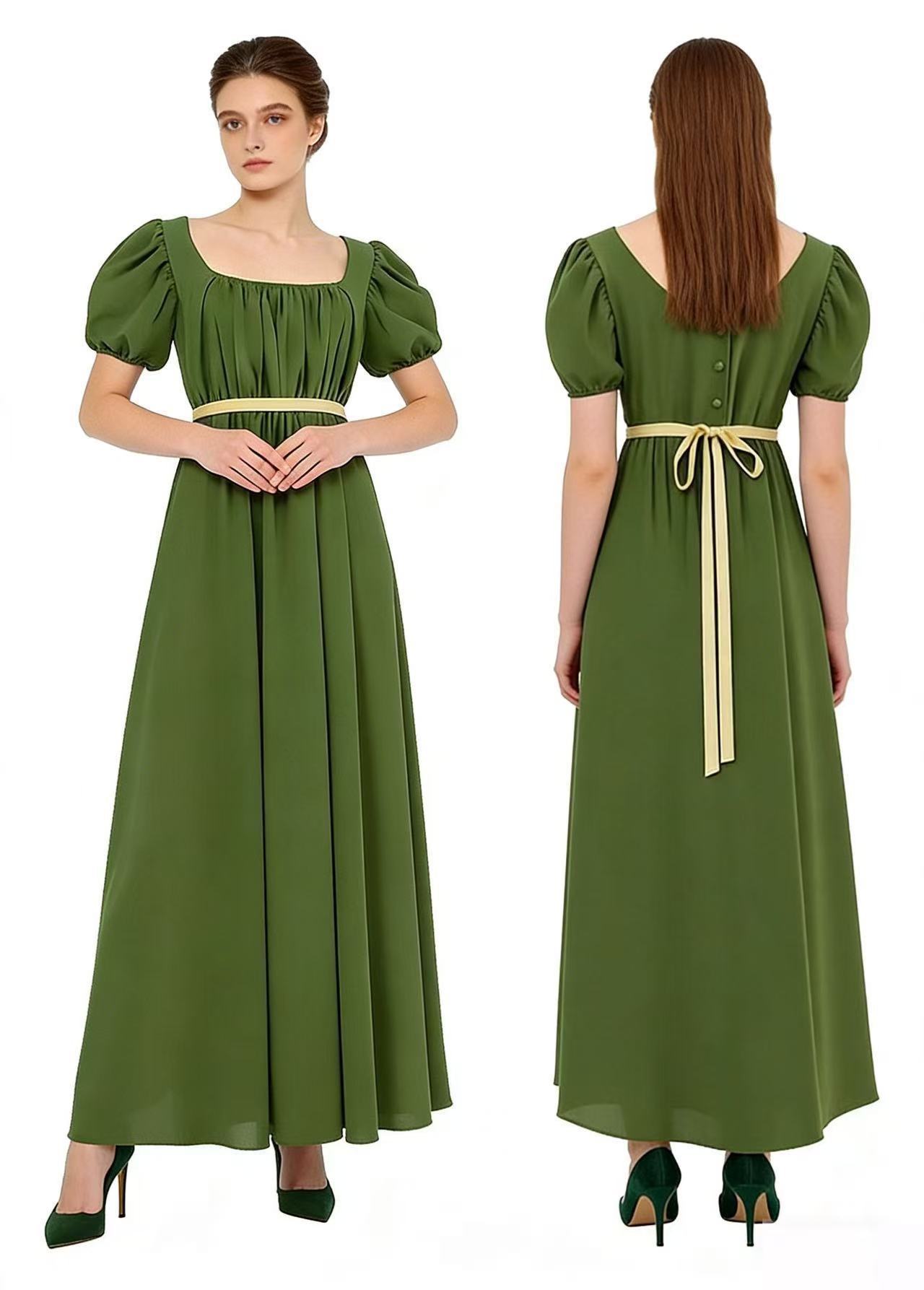Bridgerton Inspired Women’s Regency Dress – Square Neck Empire Waist Maxi Gown with Puff Sleeves for Renaissance Fair, Tea Party & Historical Cosplay - Halloweez