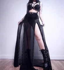 Gothic High Waist Split Sheer Mesh Long Skirt For Halloween Cosplay