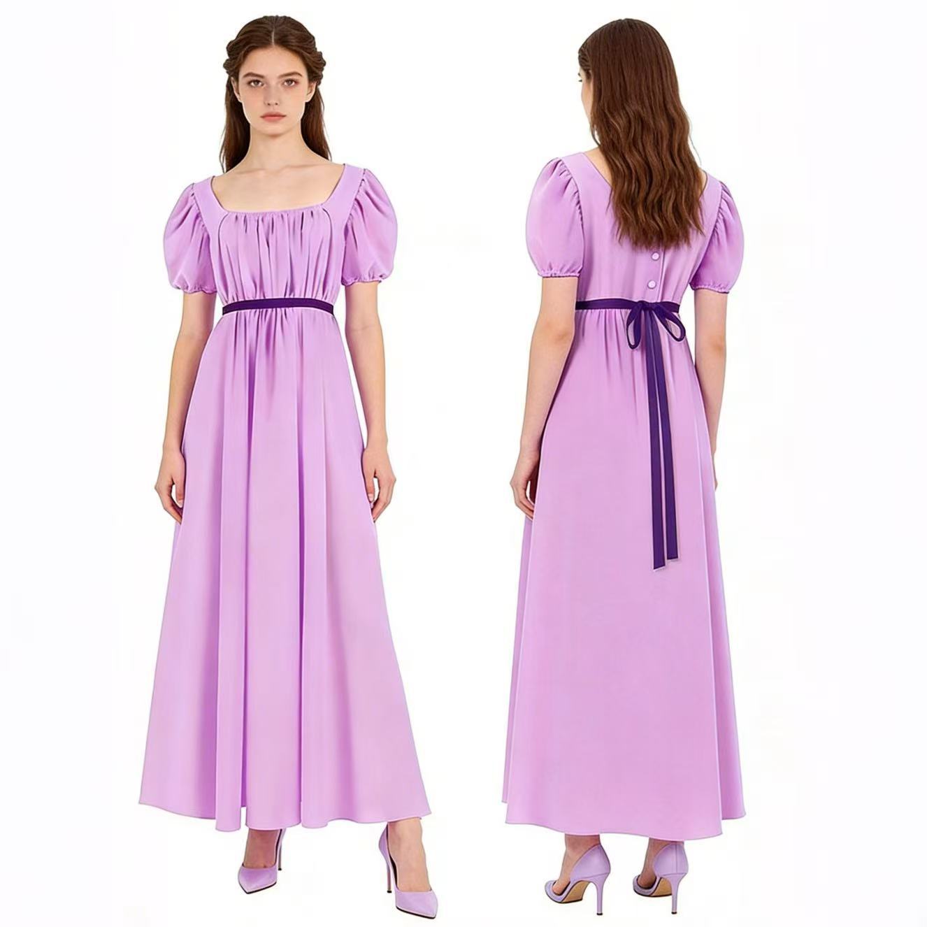 Bridgerton Inspired Women’s Regency Dress – Square Neck Empire Waist Maxi Gown with Puff Sleeves for Renaissance Fair, Tea Party & Historical Cosplay - Halloweez